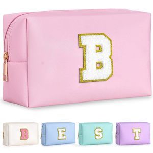 Preppy Patch Makeup Bag, Chenille Letter Pouch Cosmetic Bag, Pu Leather🐠